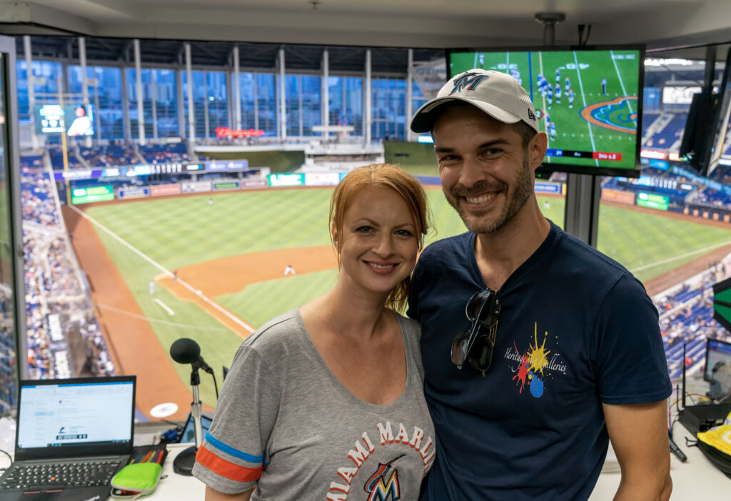 Linda & Ian in the press box at Marlins stadium